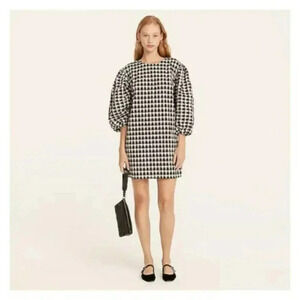 J. Crew Size XS Black and White Puff-Sleeve Mini Dress in Textured Plaid NEW!